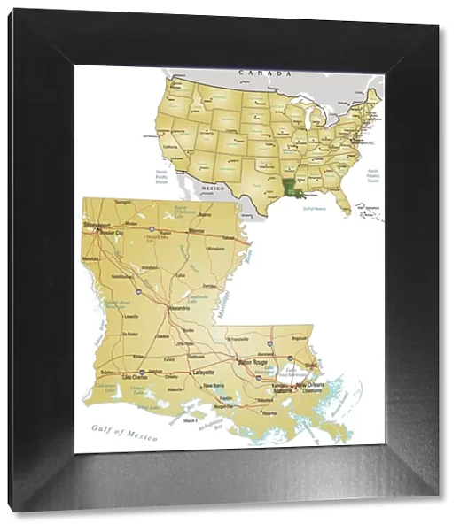 Louisiana. Vector illustration of map of Louisiana with major roads, rivers and lakes