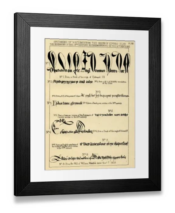 Framed Print : Palaeography handwriting from 14th to 15th century