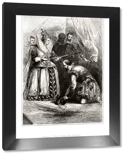 Queen Elizabeth I knighting Sir Francis Drake (1859 engraving)