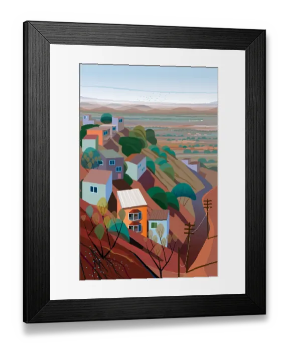 Framed Print : Houses and natural landscape on a Mountain Illustration Framed Print : Houses and natural landscape on a Mountain Illustration
