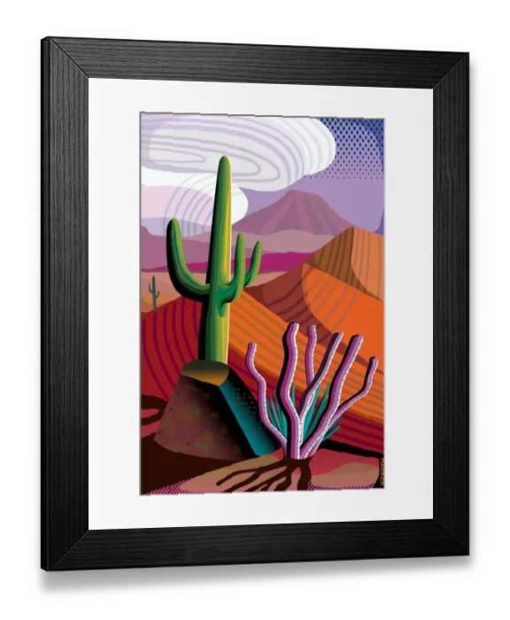 Framed Print : Desert, Saguaro and Ocotillo Cactus, Mountains in distance Landscape Illustration Framed Print : Desert, Saguaro and Ocotillo Cactus, Mountains in distance Landscape Illustration
