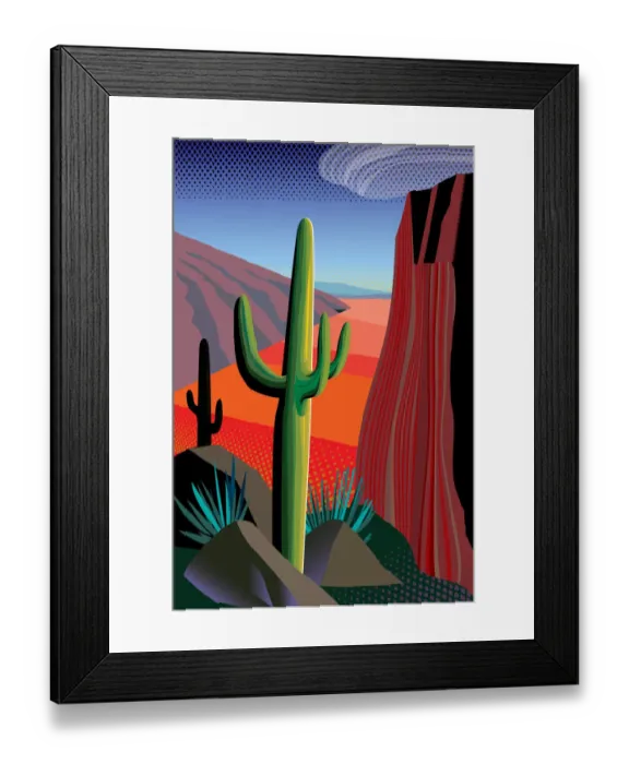 Framed Print : Desert, Saguaro Cactus, Mountains Landscape Illustration Framed Print : Desert, Saguaro Cactus, Mountains Landscape Illustration