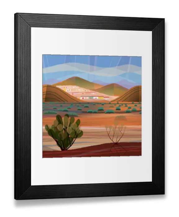 Framed Print : Desert Landscape looking out from mountaintop to valley and mountain village in distance Framed Print : Desert Landscape looking out from mountaintop to valley and mountain village in distance