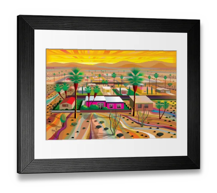 Framed Print : Desert Town in the Mojave Illustration in Vivid Color