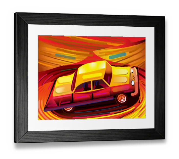 Framed Print : 1950s Low Rider style Car in Swirling Orange cartoon Landscape Illustration Framed Print : 1950s Low Rider style Car in Swirling Orange cartoon Landscape Illustration