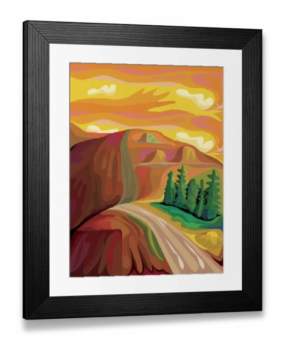 Framed Print : Expressionist Mountain Landscape with road in warm orange and browns Framed Print : Expressionist Mountain Landscape with road in warm orange and browns