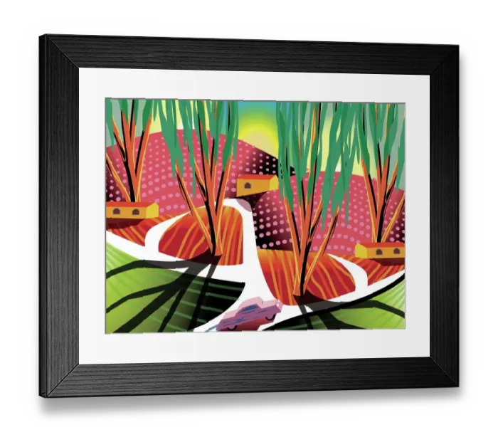 Framed Print : Expressionist Landscape Illustration with white road, hills, car and cottages Framed Print : Expressionist Landscape Illustration with white road, hills, car and cottages