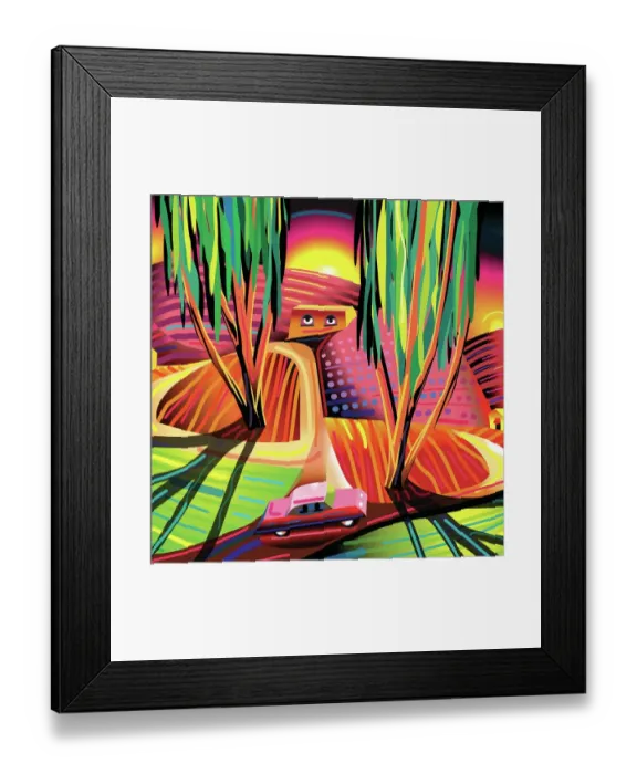 Framed Print : Expressionist Landscape Illustration with road, hills, car and cottages Framed Print : Expressionist Landscape Illustration with road, hills, car and cottages