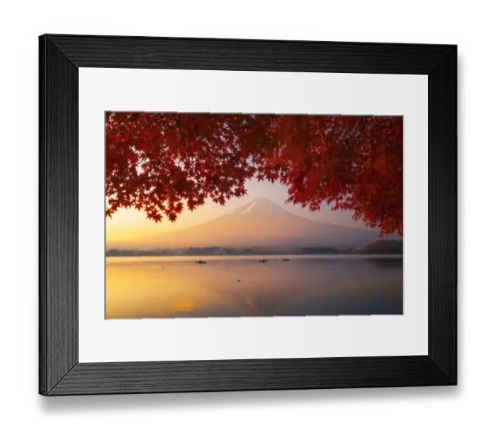 Framed Print : Sunrise at Mt Fuji in iconic autumn view from Lake Kawaguchiko Framed Print : Sunrise at Mt Fuji in iconic autumn view from Lake Kawaguchiko