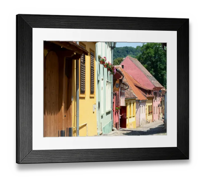 Framed Print : Colorful houses in Sighisoara old town, Transylvania, Romania Framed Print : Colorful houses in Sighisoara old town, Transylvania, Romania