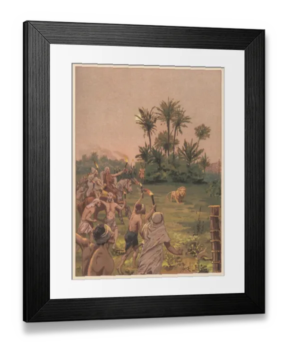Framed Print : A lion hunt in antiquity, chromolithograph, published in 1888 Framed Print : A lion hunt in antiquity, chromolithograph, published in 1888