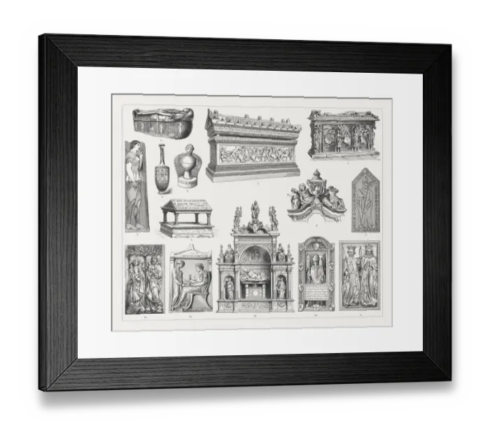 Framed Print : Historical tomb monuments, wood engravings, published in 1897 Framed Print : Historical tomb monuments, wood engravings, published in 1897