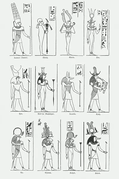 Egyptian gods and goddesses, wood engravings, published in 1880