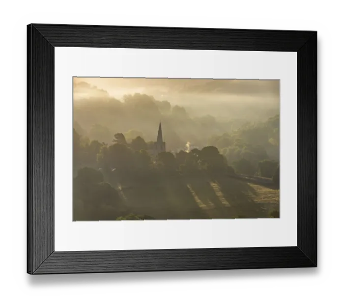 Framed Print : Hathersage church surrounded by the hills of the Peak District at sunrise. UK