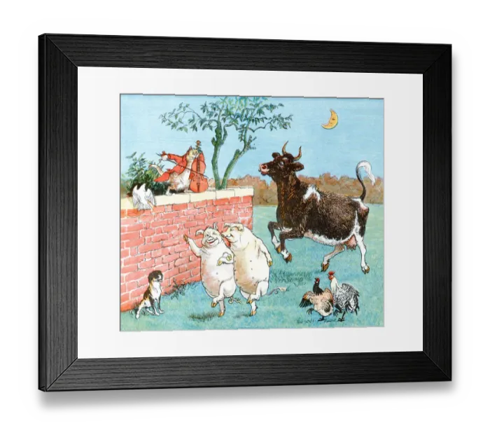 Framed Print : Cat and fiddle with cow and friends Framed Print : Cat and fiddle with cow and friends