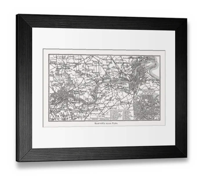 Framed Print : Map of Newcastle upon Tyne and surroundings, England, published 1897