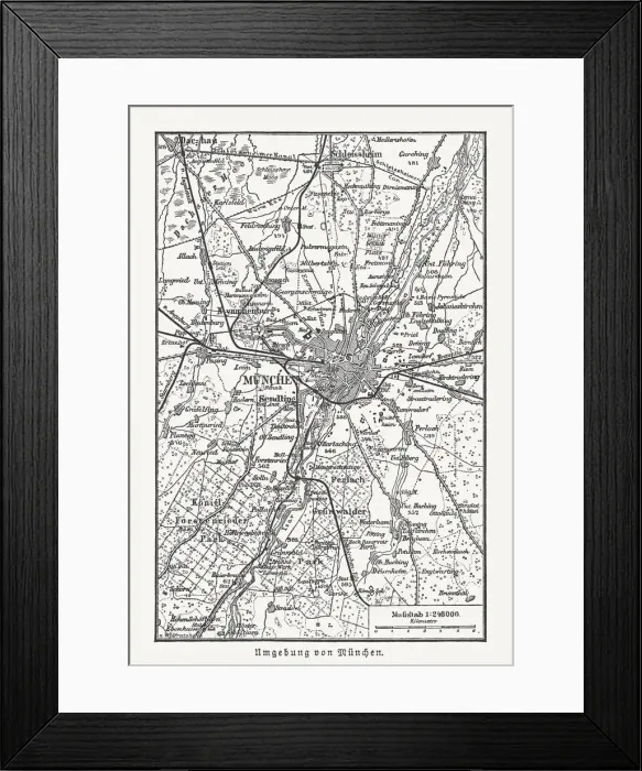 Framed Print : Historical map of Munich, Germany and surroundings, woodcut, published 1897 Framed Print : Historical map of Munich, Germany and surroundings, woodcut, published 1897