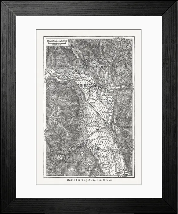 Framed Print : Map of the surroundings of Merano, wood engraving, published 1897 Framed Print : Map of the surroundings of Merano, wood engraving, published 1897