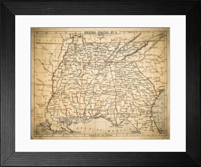 Framed Print : USA Southern States map of 1869 Framed Print : USA Southern States map of 1869
