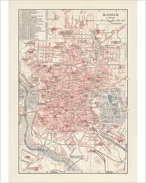 City map of Madrid, capital of Spain, lithograph, published 1897