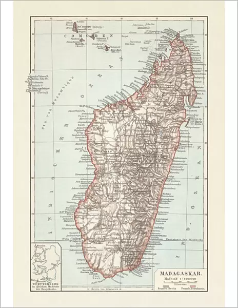Topografic map of Madagascar, lithograph, published in 1897