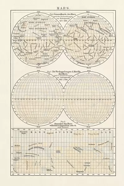 Historical map of planet Mars, lithograph, published in 1897