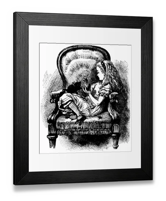 Framed Print : Alice playing with kitten illustration, (Alices Adventures in Wonderland) Framed Print : Alice playing with kitten illustration, (Alices Adventures in Wonderland)
