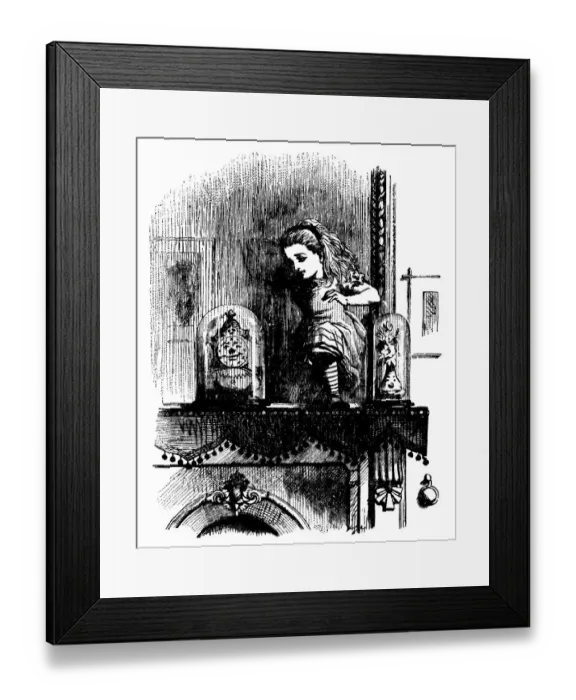 Framed Print : Alice on the mantlepiece illustration, (Alices Adventures in Wonderland)