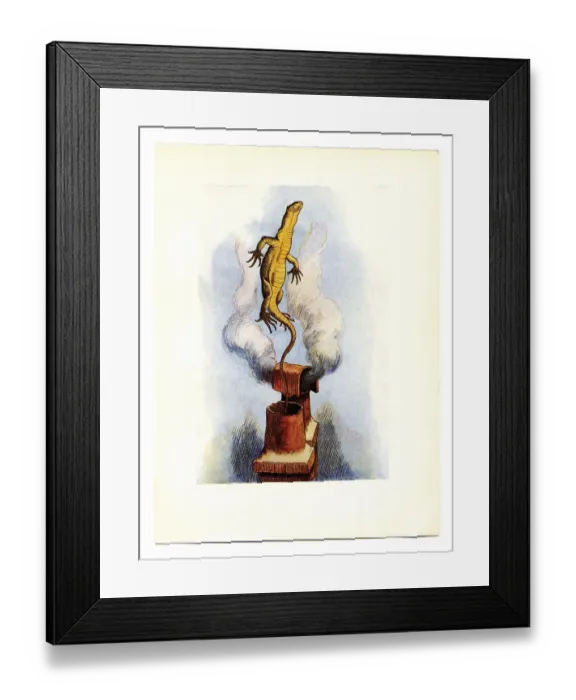 Framed Print : Lizard emerging from chimney illustration, (Alices Adventures in Wonderland)