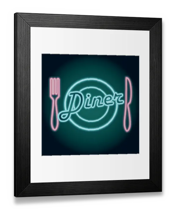 Framed Print : Late night retro Diner Restaurant placesetting neon sign Framed Print : Late night retro Diner Restaurant placesetting neon sign