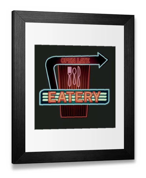 Framed Print : Late night retro Eatery neon sign with arrows and utensils Framed Print : Late night retro Eatery neon sign with arrows and utensils