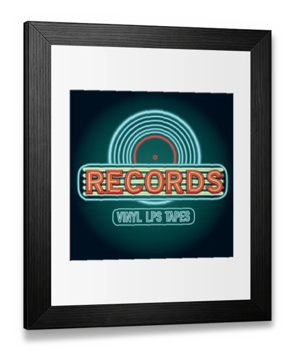 Framed Print : Late night retro Record Vinyl Lps Tapes store neon sign Framed Print : Late night retro Record Vinyl Lps Tapes store neon sign