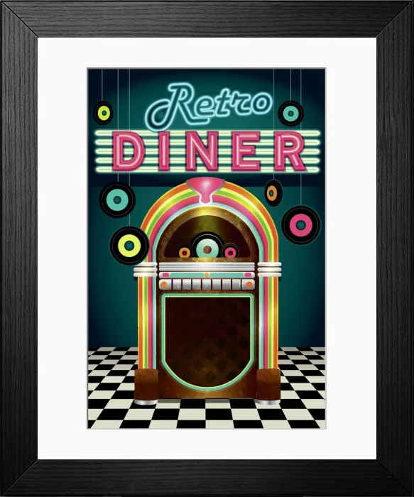 Framed Print : Late night retro 50s Diner menu layout with jukebox vinyl Framed Print : Late night retro 50s Diner menu layout with jukebox vinyl