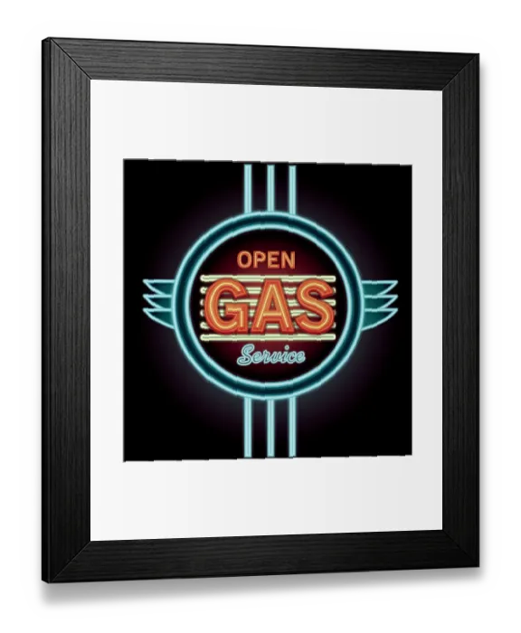 Framed Print : Vintage neon Open Gas Service and garage sign Framed Print : Vintage neon Open Gas Service and garage sign