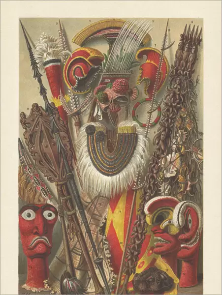 Oceanic Australian culture - Polynesian objects, chromolithograph, published in 1897