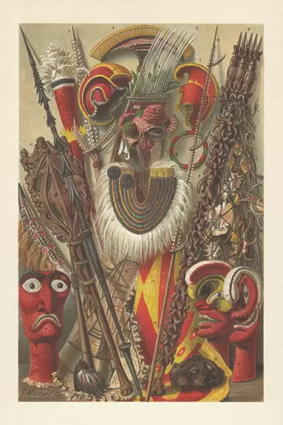 Oceanic Australian culture - Polynesian objects, chromolithograph, published in 1897