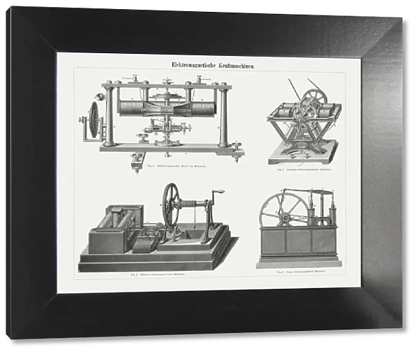 Electromagnetic power machines, wood engravings, published in 1897