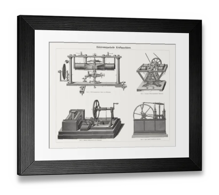 Framed Print : Electromagnetic power machines, wood engravings, published in 1897 Framed Print : Electromagnetic power machines, wood engravings, published in 1897