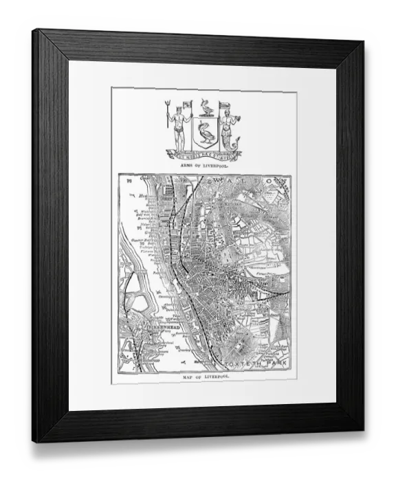 Framed Print : Map and Arms of Liverpool (Victorian engraving) Framed Print : Map and Arms of Liverpool (Victorian engraving)