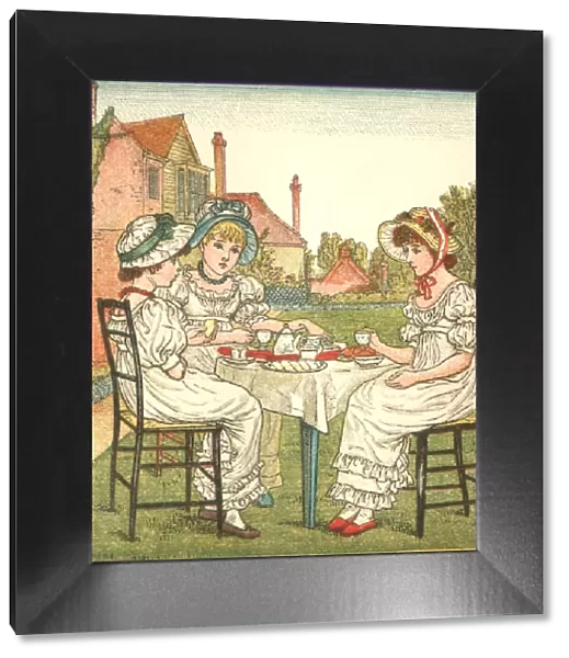 Three young Regency style ladies taking tea in a garden