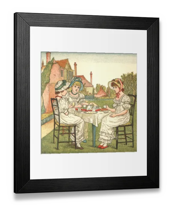 Framed Print : Three young Regency style ladies taking tea in a garden Framed Print : Three young Regency style ladies taking tea in a garden
