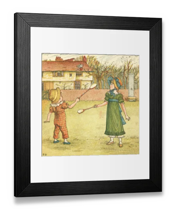 Framed Print : Regency style children playing shuttlecock and battledore on a village green Framed Print : Regency style children playing shuttlecock and battledore on a village green