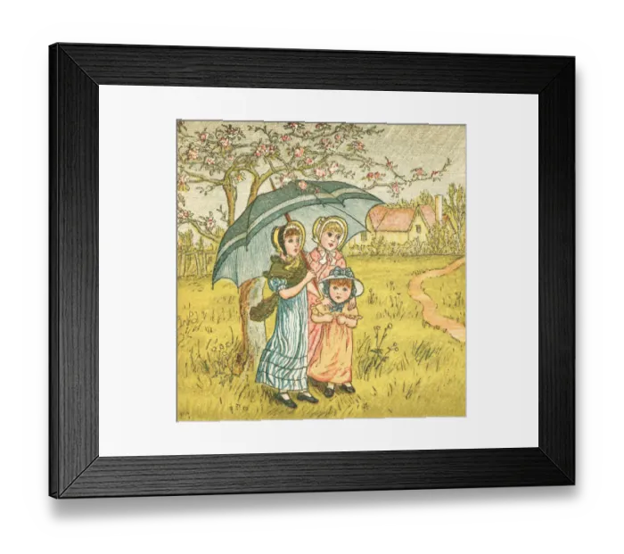 Framed Print : Three Regency style girls sheltering from April showers Framed Print : Three Regency style girls sheltering from April showers