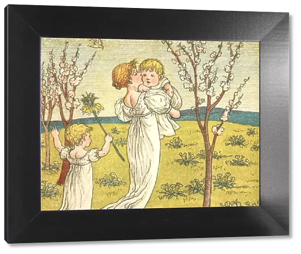 Young Regency style mother and her children in spring