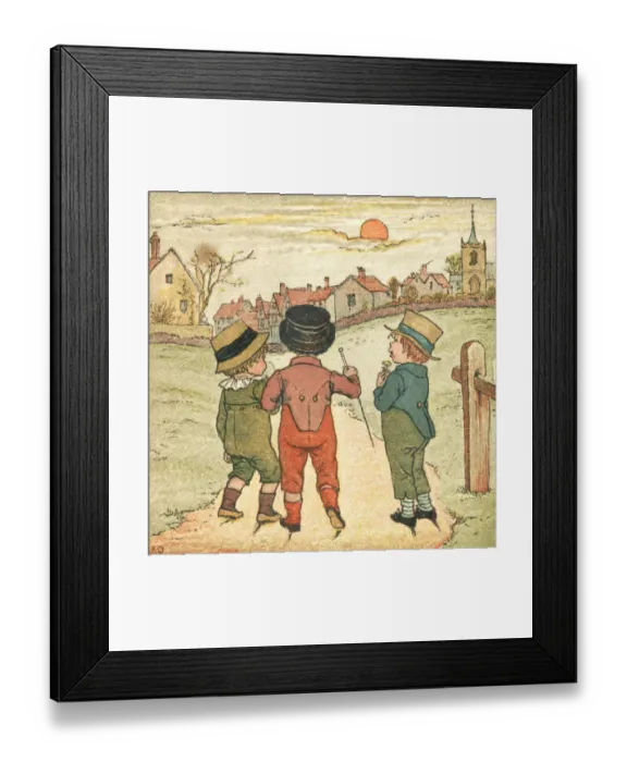 Framed Print : Three little boys walking on a footpath in autumn sunset Framed Print : Three little boys walking on a footpath in autumn sunset
