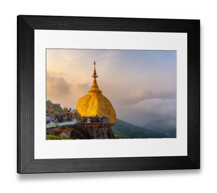 Framed Print : Morning Landscape sunrise view with fog of Kyaiktiyo pagoda (Golden Rock) at twilight with praying people and tourists. Kyaiktiyo, Myanmar Framed Print : Morning Landscape sunrise view with fog of Kyaiktiyo pagoda (Golden Rock) at twilight with praying people and tourists. Kyaiktiyo, Myanmar