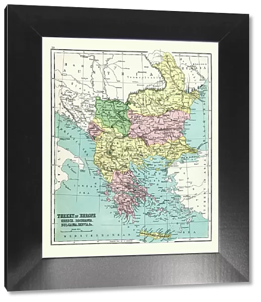 Antique map of Greece, Romania, Bulgaria, 1897, late 19th Century