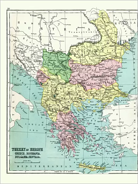 Antique map of Greece, Romania, Bulgaria, 1897, late 19th Century