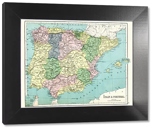 Antique map of Spain and Portugal, 1897, late 19th Century