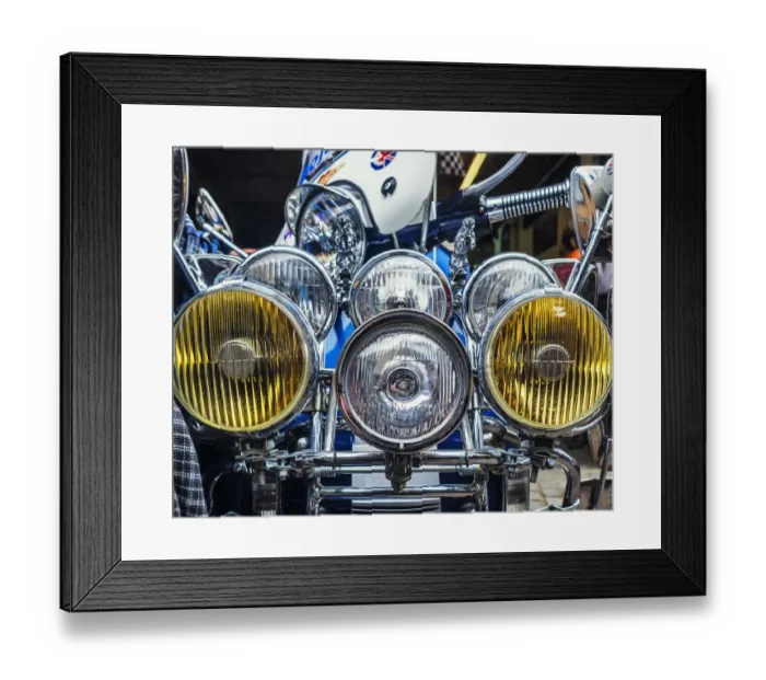 Framed Print : Headlights on a mod scooter, London, UK Framed Print : Headlights on a mod scooter, London, UK